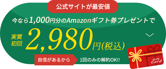今なら1000円分のamazonギフト券プレゼントで実質初回税込み2980円 自身があるから、1回のみの解約OK