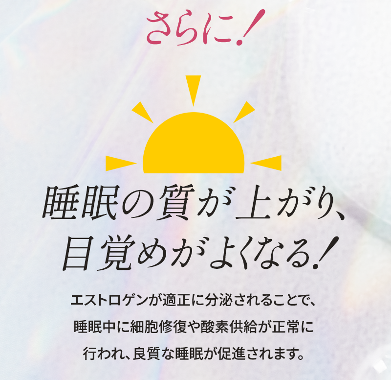 さらに、睡眠の質が上がり、目覚めがよくなる エストロゲンが適正に分泌されることで、睡眠中に細胞修復や酸素供給が正常に行われ、良質な睡眠が促進されます