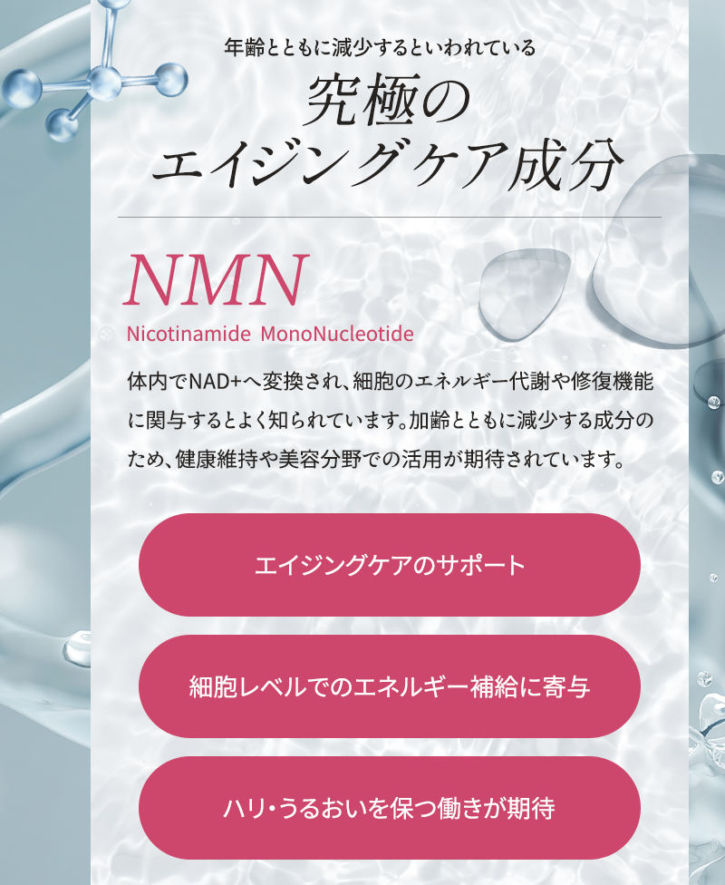年齢とともに減少するといわれている究極のエイジングケア成分NMN 体内でNAD+へ変換され、細胞のエネルギー代謝や修復機能に関与するとよく知られています 加齢とともに減少する成分のため、健康維持や美容分野での活用が期待されています エイジングケアのサポート 細胞レベルでのエネルギー補給に寄与 ハリ・うるおいを保つ働きが期待