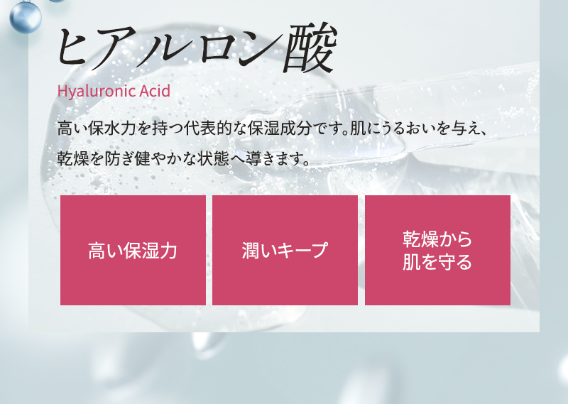 ヒアルロン酸 高い保水力を持つ代表的な保湿成分です 肌にうるおいを与え、乾燥を防ぎ健やかな状態へ導きます 高い保湿力 潤いキープ 乾燥から肌を守る
